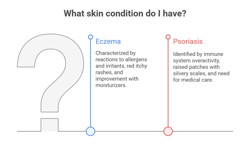 Comparison of eczema rash with dry skin versus psoriasis patch with silvery scales